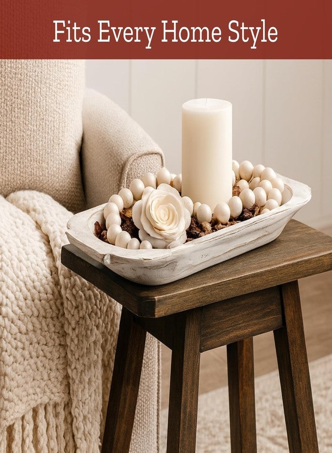 Mie Creations 16'' Large Wooden Dough Bowl for Decor, Farmhouse Decorative Centerpiece Oval Dough Bowls for Table | Handmade Long Wood Bowl, Thanksgiving Christmas Dining Decorations-Shabby Chic White - Image 2